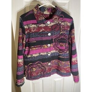 Choices Vintage Med Floral Embroidered Boho Y2K Jacket Tin Buttons Casual Office